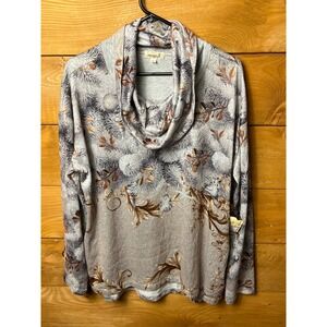 One World Cowl Neck‎ Long Sleeve Floral Print Top Gray Large  Owl Forest camping